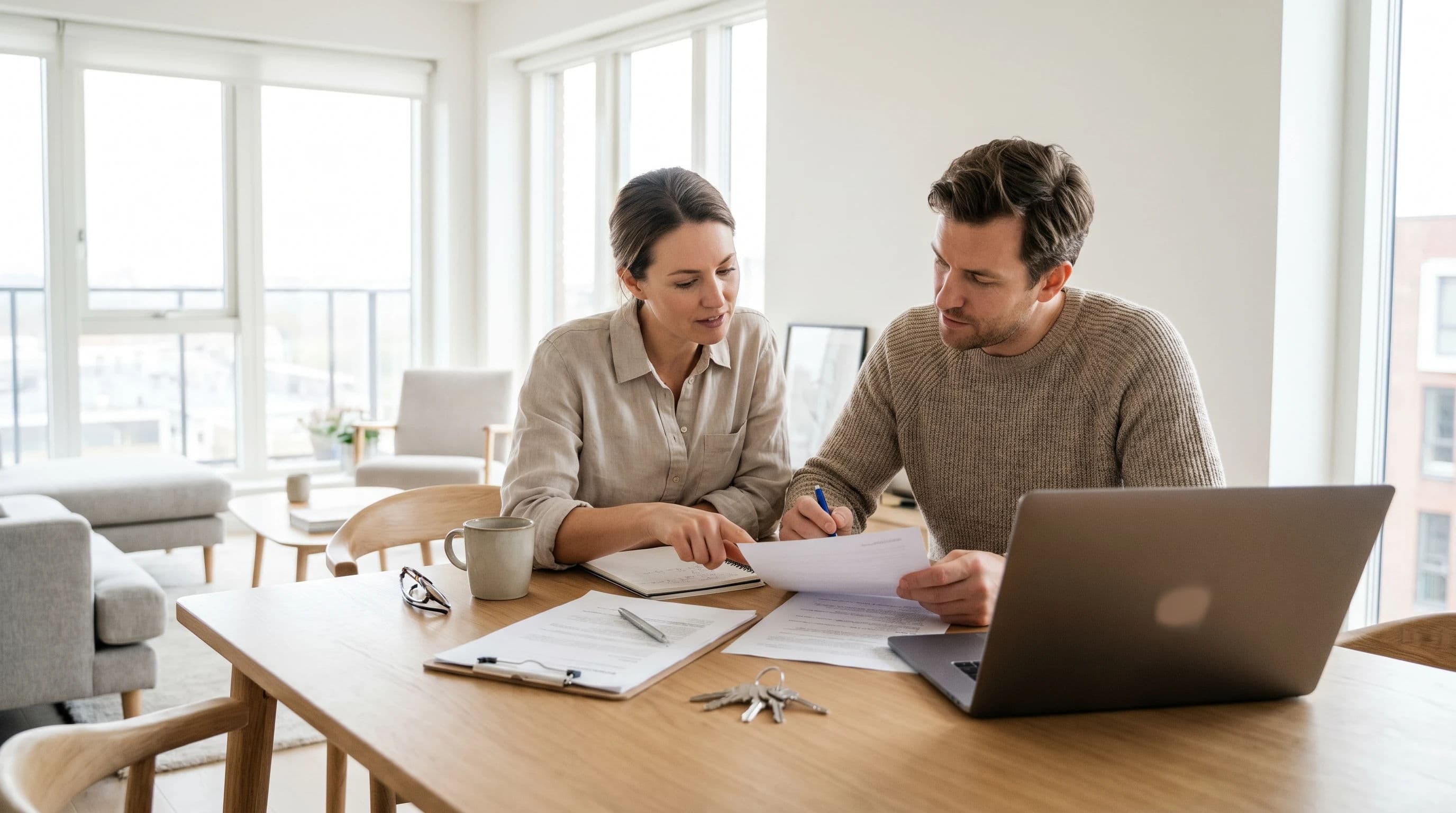 Eigentümer bespricht Kosten der Einrichtung eines Apartments für Kurzzeitvermietung mit Operator. Temat SEO: Kosten Einrichtung Apartment Kurzzeitvermietung.