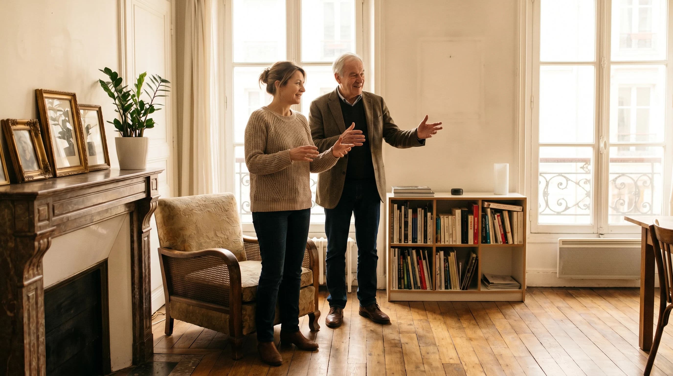 Gespräch über das Potenzial einer älteren Wohnung nach Klärung der Formalitäten. Temat SEO: geerbte Wohnung was tun.