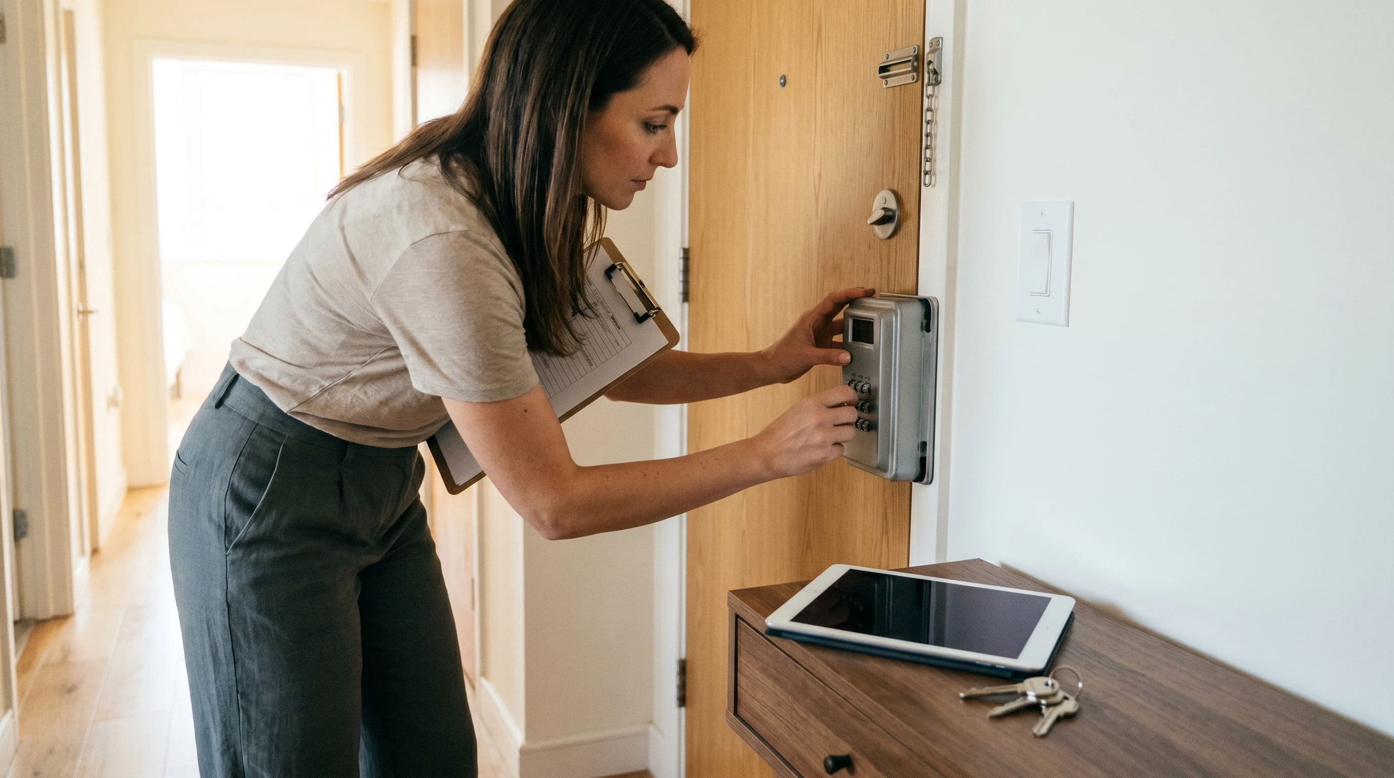 Kontrola dostępu przy smart locku w apartamencie na wynajem krótkoterminowy. Temat SEO: przekazywanie kluczy najem krótkoterminowy.