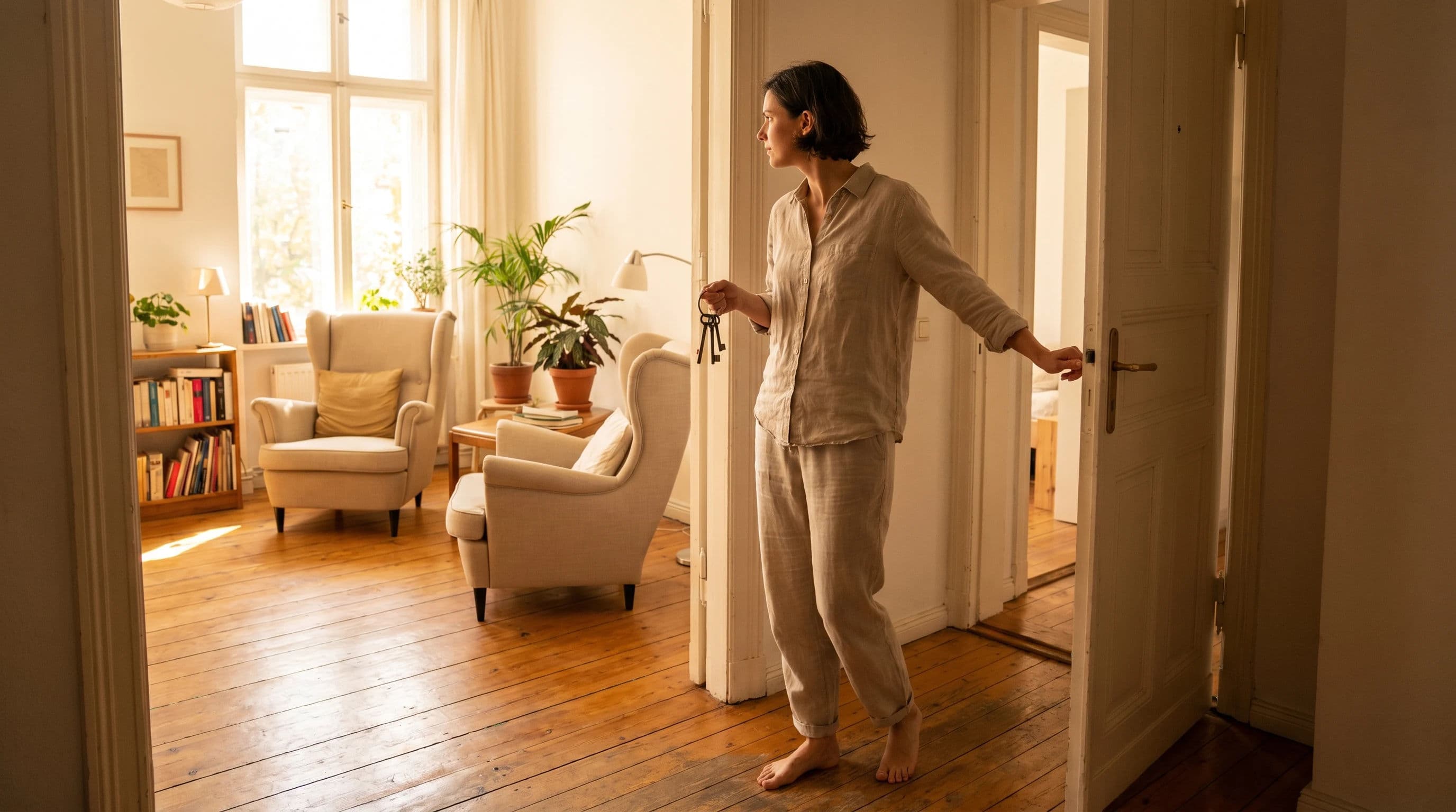 Ruhiger Vergleich von Verkauf und Vermietung vor der Entscheidung. Temat SEO: Wohnung verkaufen oder vermieten.